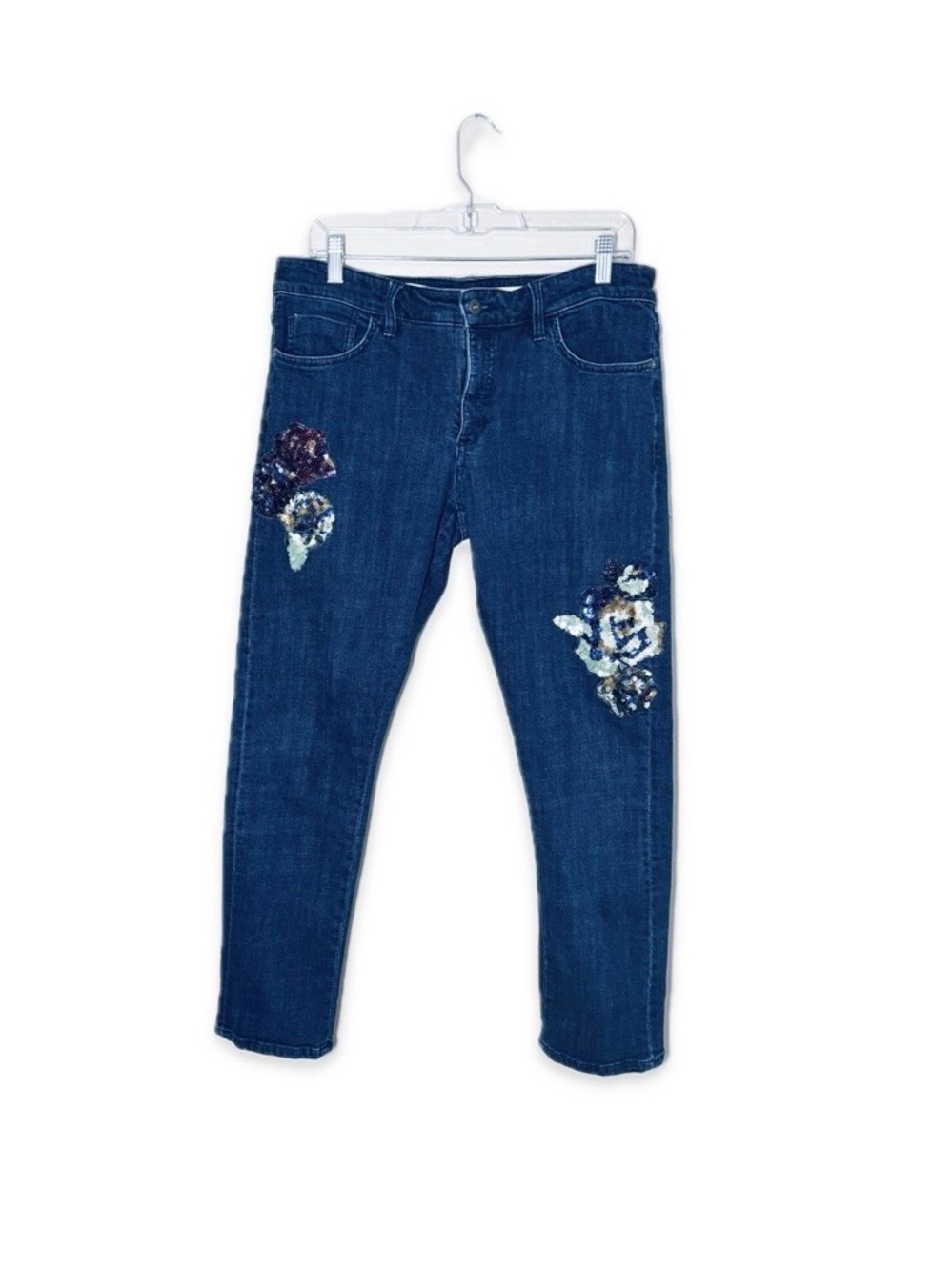 Anthropologie Slim Boyfriend Jeans Sequin Floral Patches Sz 30 Waist 33”